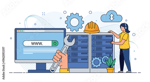 Technical web support and website maintenance with hand holding wrench server racks and person with headset.