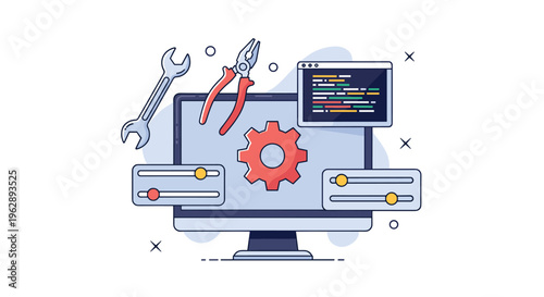 Website customization and development tools with monitor showing code gear wrench pliers and adjustment sliders.