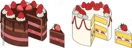 Quadro su tela Strawberry cake set with whole cakes and slices, chocolate and vanilla layered d