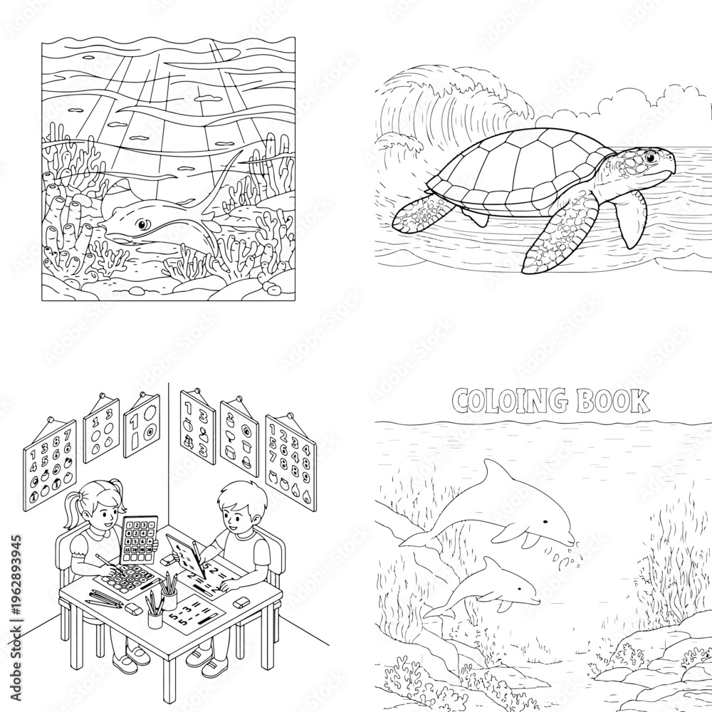 Naklejka premium Children's coloring book page with sea turtle, underwater life, and kids activity
