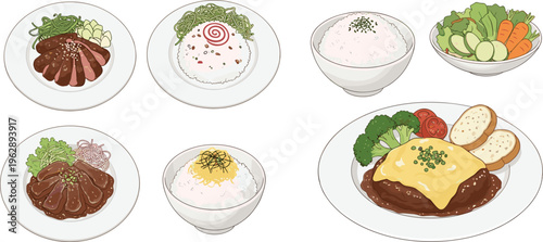 japanese, curry, rice, fble, broccoli, carrot, salad, sauce, gravy, delicious, lunch, dinner, homemade, traditional, gourmet, serving, set, collection, vector, illustration,
