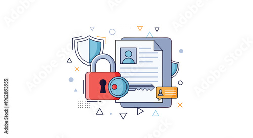 Personal data security illustration shows a document with profile photo protected by a large red padlock and key on a clipboard with shield icons.