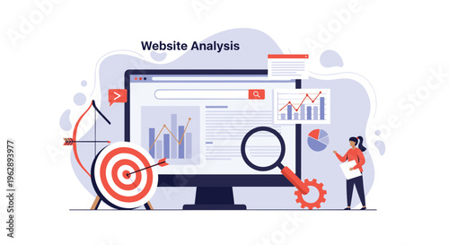 Business professional conducts website analysis using a monitor with data charts next to magnifying glass and target bullseye for SEO strategy.