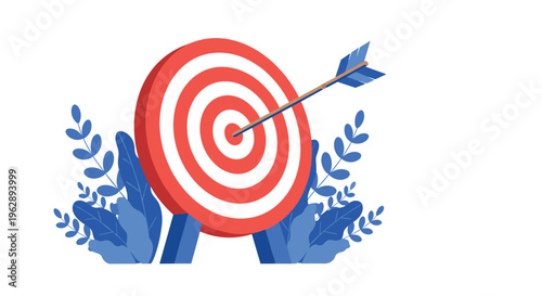 Red and white bullseye target board with a blue arrow hitting the center point surrounded by decorative blue foliage for success concept.