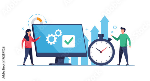 Business team optimizes workflow near monitor showing gear settings and checkmark with a large stopwatch for efficiency and time tracking.