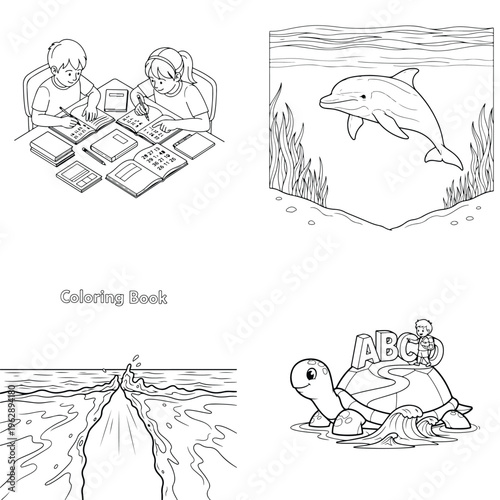 Children learning with abc turtle, jumping dolphin, and playful coloring book line art
