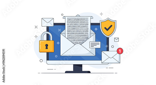 Secure email communication illustration shows a monitor with open envelope displaying encrypted binary code with padlock and shield icons.