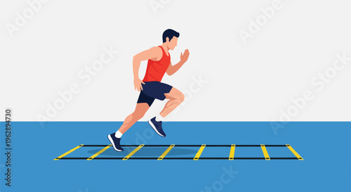 A figure is running on a agility ladder