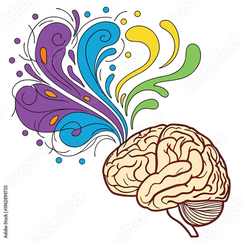 Colorful brain with vibrant abstract swirls representing creativity and cognitive function in human mind