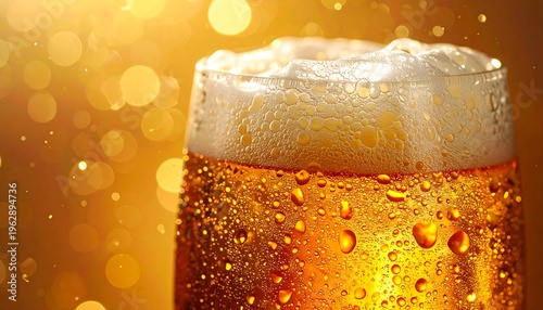 Close-up of a refreshing glass of golden beer with frothy head and condensation droplets, set against a bokeh background of warm golden lights.