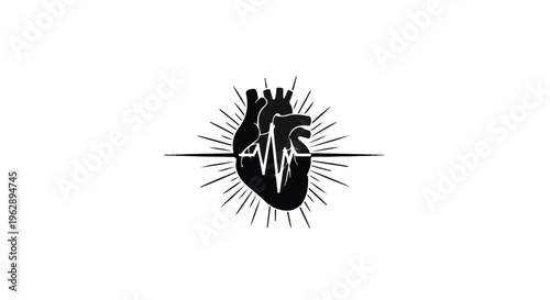 Stylized anatomical heart graphic featuring a vibrant ECG heartbeat line and dynamic sunburst rays, symbolizing health, life energy, vitality, and passion within a modern emblem design