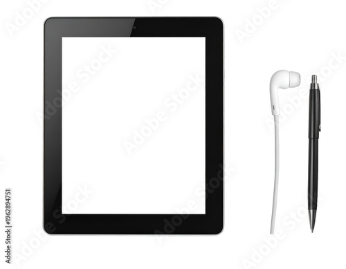 Black tablet, white earbuds, and pen on white background