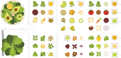 Salad ingredients and vegetable toppings collection flat vector illustration fresh healthy food elements for cooking recipes and menu design