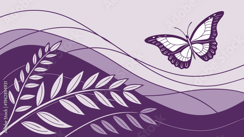 A purple butterfly gracefully flies above stylized floral and wave designs
