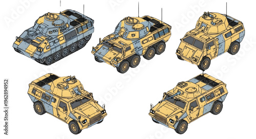 Armored Reconnaissance Vehicle AutoCAD Isometric Icon Set – Military Scout Car Multiview Technical Outline