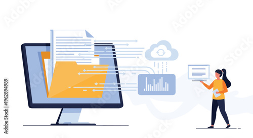 Cloud data migration concept shows files being transferred from an office computer to a cloud storage system while a professional monitors.
