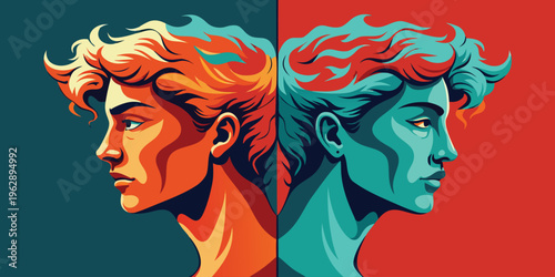 Two stylized portraits of a man with contrasting colors and artistic expression on vibrant backgrounds