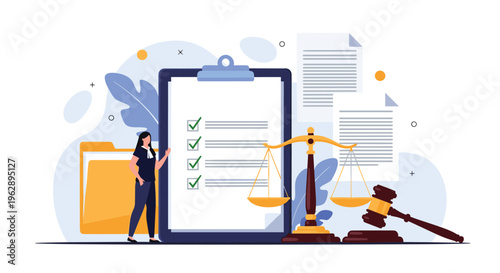 Legal compliance audit features woman near clipboard checklist and scales of justice with folder documents and a judges gavel for law.