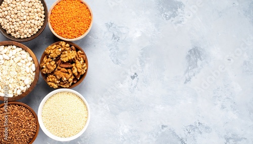 Assortment of Healthy Grains and Nuts in Bowls.