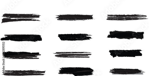 A collection of twelve distinct black paint brush strokes featuring rough texture and uneven edges arranged in a grid for artistic design projects Vector.