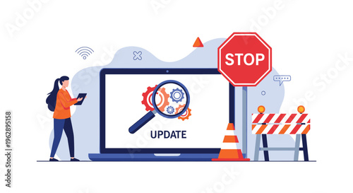Software maintenance and update warning features woman near monitor with gear settings and stop sign with barrier for technical downtime.
