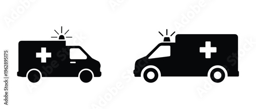Ambulance vehicle silhouettes with emergency lights. Medical transport icons isolated on transparent background