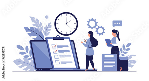 Project management team tracks deadlines on laptop with a large checklist clock and gear symbols for efficient workflow and productivity.