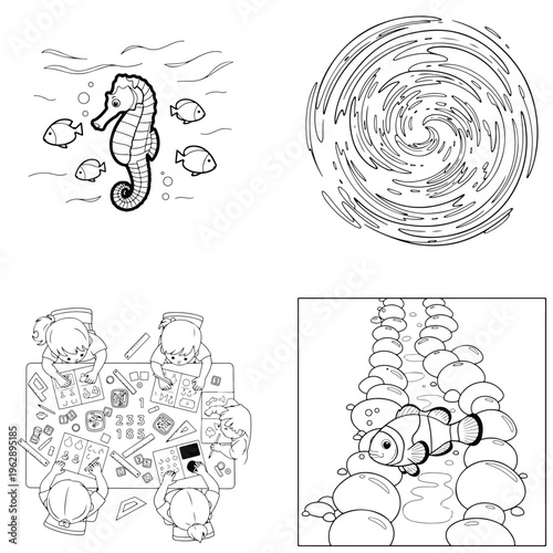 Seahorse and clownfish coloring sheets with mathematics classroom scene and ocean whirlpool