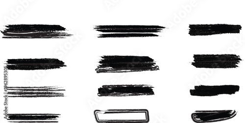 A collection of textured black ink brush strokes displayed as horizontal lines and shapes that show varying degrees of density and rough edge details Vector.