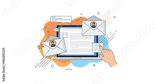 Digital marketing and email correspondence concept showing messages flying from a laptop screen while a hand interacts with a document.