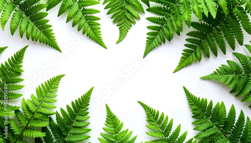 Green Fern Leaves Border on White Background.