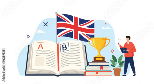 Success in English language learning illustrated with an open textbook, a British flag, a gold trophy, and a student studying on a laptop.