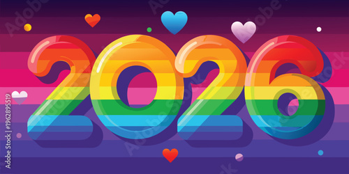 Vibrant 2026 celebration design featuring colorful numbers and festive hearts in a dynamic, joyful composition