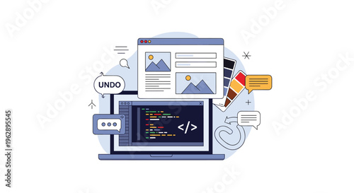 Web development and design process illustration showing a laptop with coding scripts, website layouts, color schemes, and design tools.