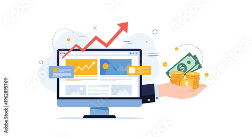 Financial growth and online profit concept showing a computer screen with data analytics and a hand presenting cash and gold coins.