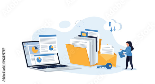 Data management and secure file storage concept featuring a laptop, a large folder with documents, and a person organizing information.
