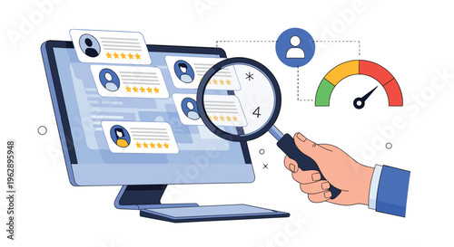 Customer review analysis and profile vetting process shown with a magnifying glass examining user ratings on a computer monitor.