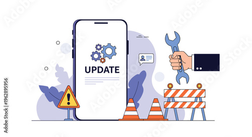 Mobile app maintenance and system update concept with a smartphone screen showing gears, tools, and construction safety symbols.