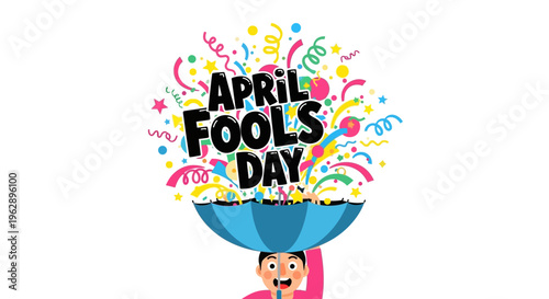 Illustration of a playful prank concept for April Fools' Day 2026 with a cartoon character under a blue hot air balloon filled with colorful confetti and streamers on a white background.