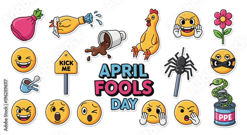 Colorful illustrations of various emojis and objects for April Fools' Day on a white background with a playful prank concept.