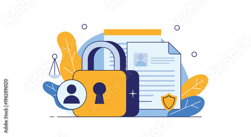 Personal data protection and user privacy concept featuring a large golden padlock securing a user profile against a background of legal papers.