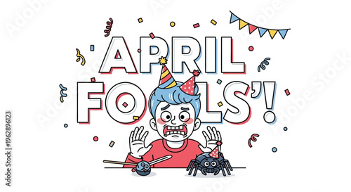 Illustration of a playful prankster with a spider, celebrating April Fools' Day with a funny surprise concept and humor and jokes, against a colorful background with party elements.