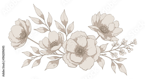A beautiful floral arrangement of flowers, leaves, and stems is depicted in a detailed illustration on a white background.