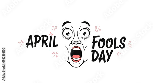 Illustration of a surprised face with the text 'APRIL FOOLS DAY' in a playful prank concept with pink decorative elements on a white background.