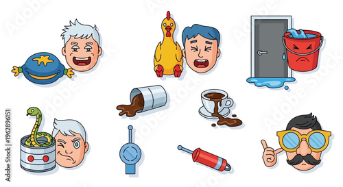 Illustrations of various April Fools' Day prank concepts and funny humor ideas with cartoon characters and objects on a white background.