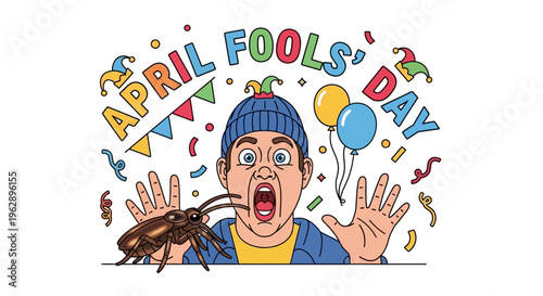Cartoon illustration of a man in a blue beanie holding a crawfish on April Fools' Day with colorful decorations and balloons, conveying a funny prank concept.