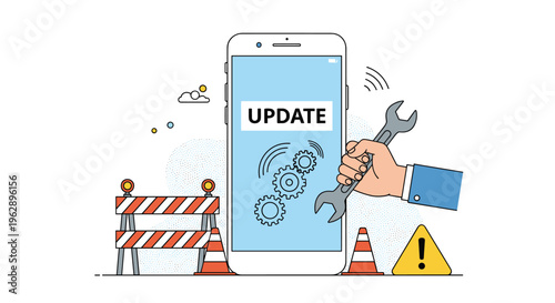 Smartphone system update and technical maintenance concept featuring a handheld wrench and construction safety icons around a mobile device.