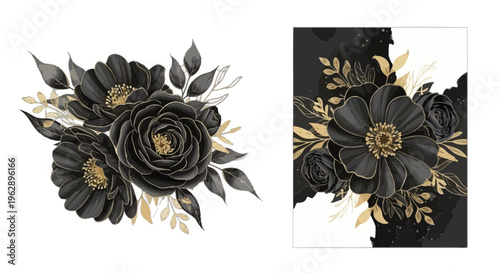 Black flowers and gold leaves illustration on white background with floral design