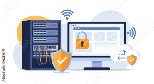 Secure network infrastructure and cloud server protection concept with hardware racks, a locked monitor, and multiple safety shields.
