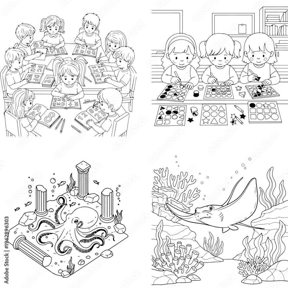 Obraz premium Diverse coloring book pages: kids playing, underwater octopus, park slide activity